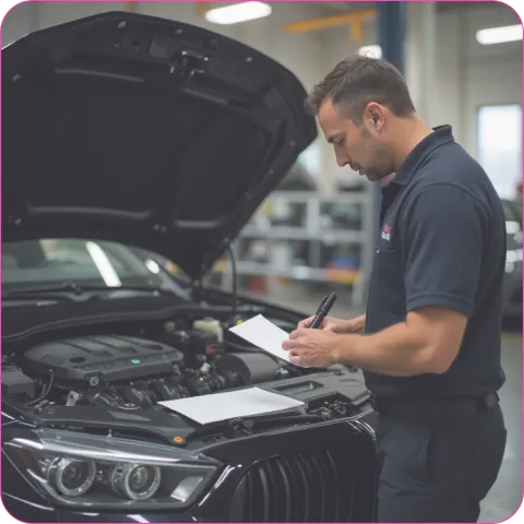 Mann som undersøker bil motor